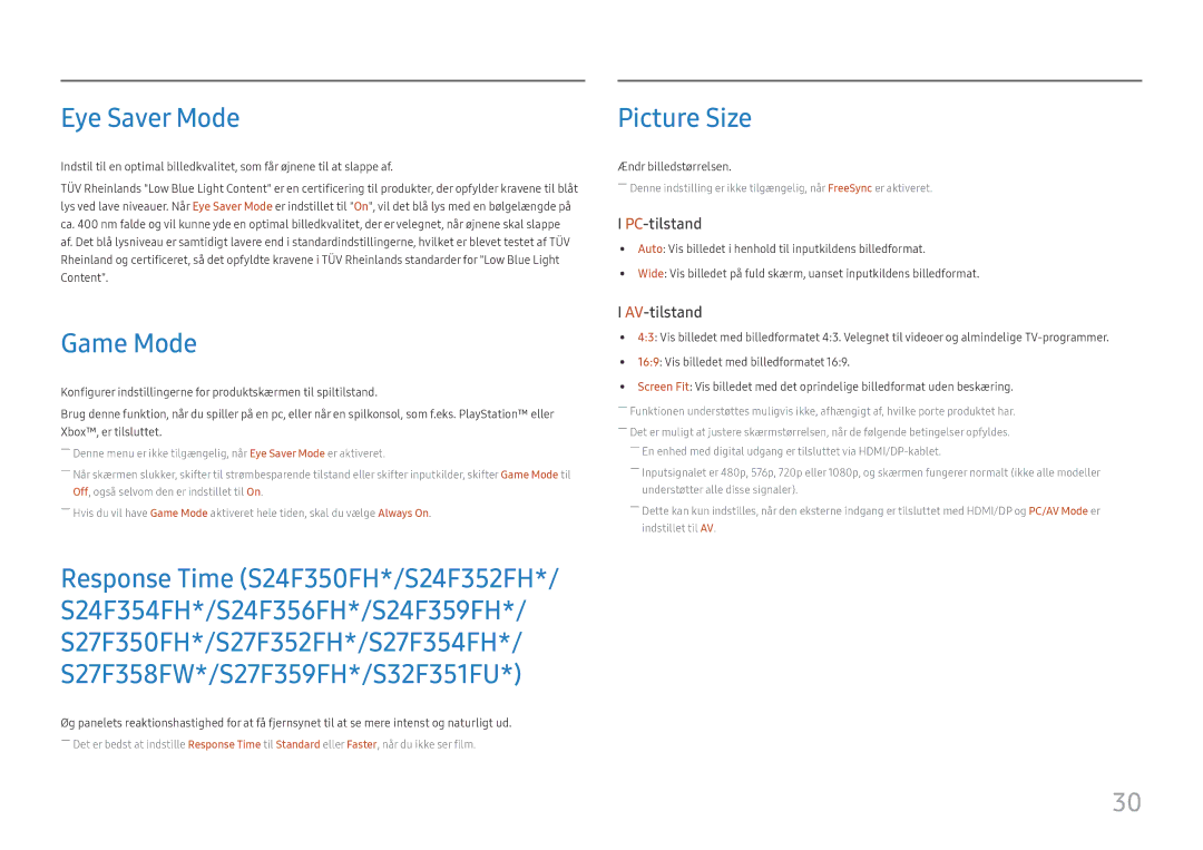 Samsung LS24F352FHUXEN, LS24F356FHUXEN, LS24F350FHUXEN, LS27F350FHUXEN manual Eye Saver Mode, Game Mode, Picture Size 