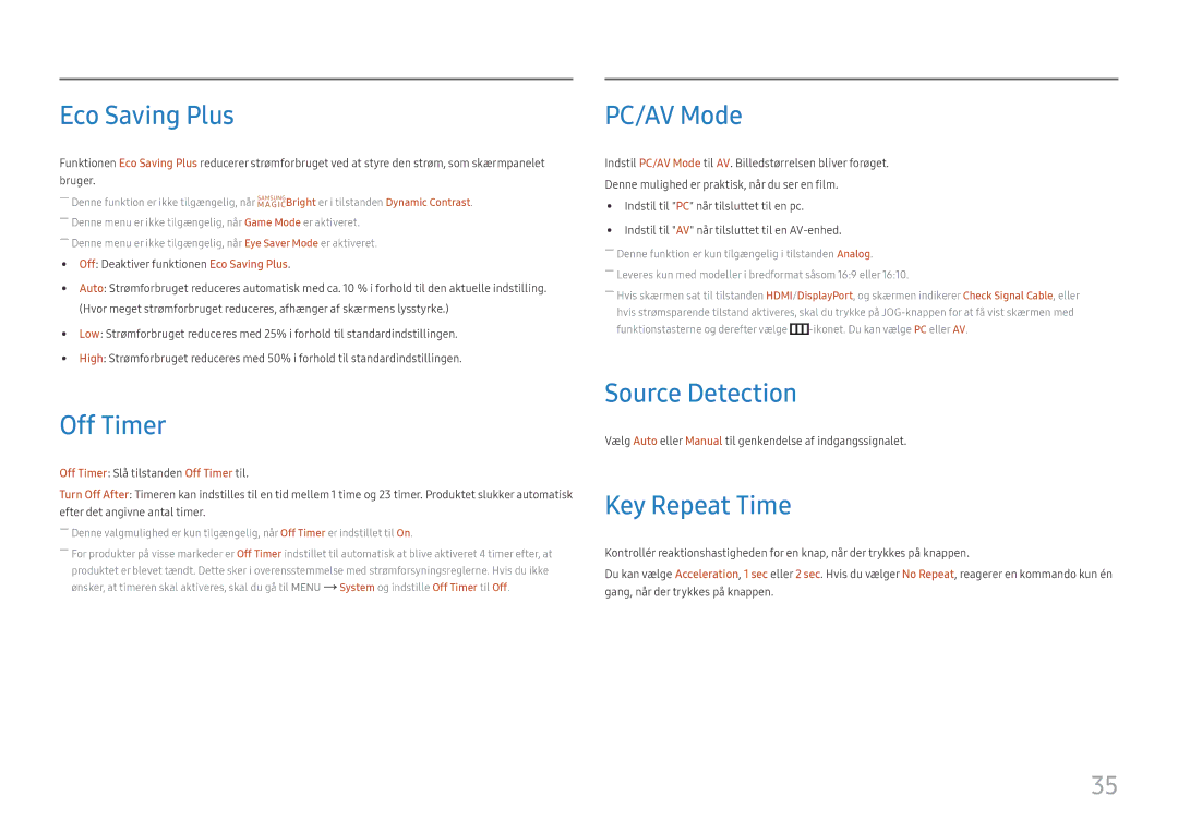 Samsung LS24F356FHUXEN, LS24F350FHUXEN manual Eco Saving Plus, Off Timer, PC/AV Mode, Source Detection, Key Repeat Time 