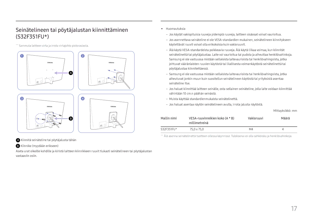 Samsung LS27F350FHUXEN, LS24F356FHUXEN, LS24F350FHUXEN manual Seinätelineen tai pöytäjalustan kiinnittäminen S32F351FU 
