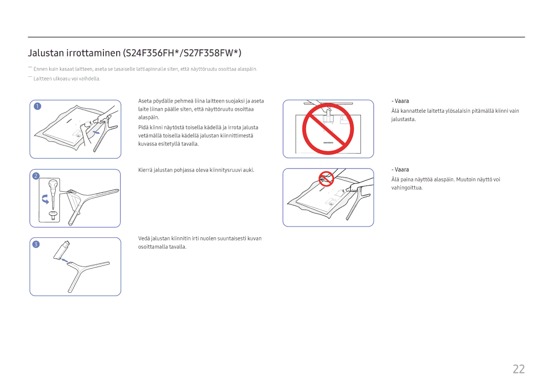 Samsung LS24F350FHUXEN, LS24F356FHUXEN, LS24F352FHUXEN, LS27F350FHUXEN manual Jalustan irrottaminen S24F356FH*/S27F358FW 