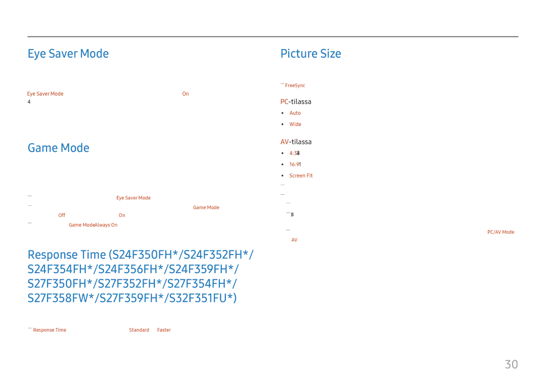 Samsung LS24F352FHUXEN, LS24F356FHUXEN, LS24F350FHUXEN, LS27F350FHUXEN manual Eye Saver Mode, Game Mode, Picture Size 