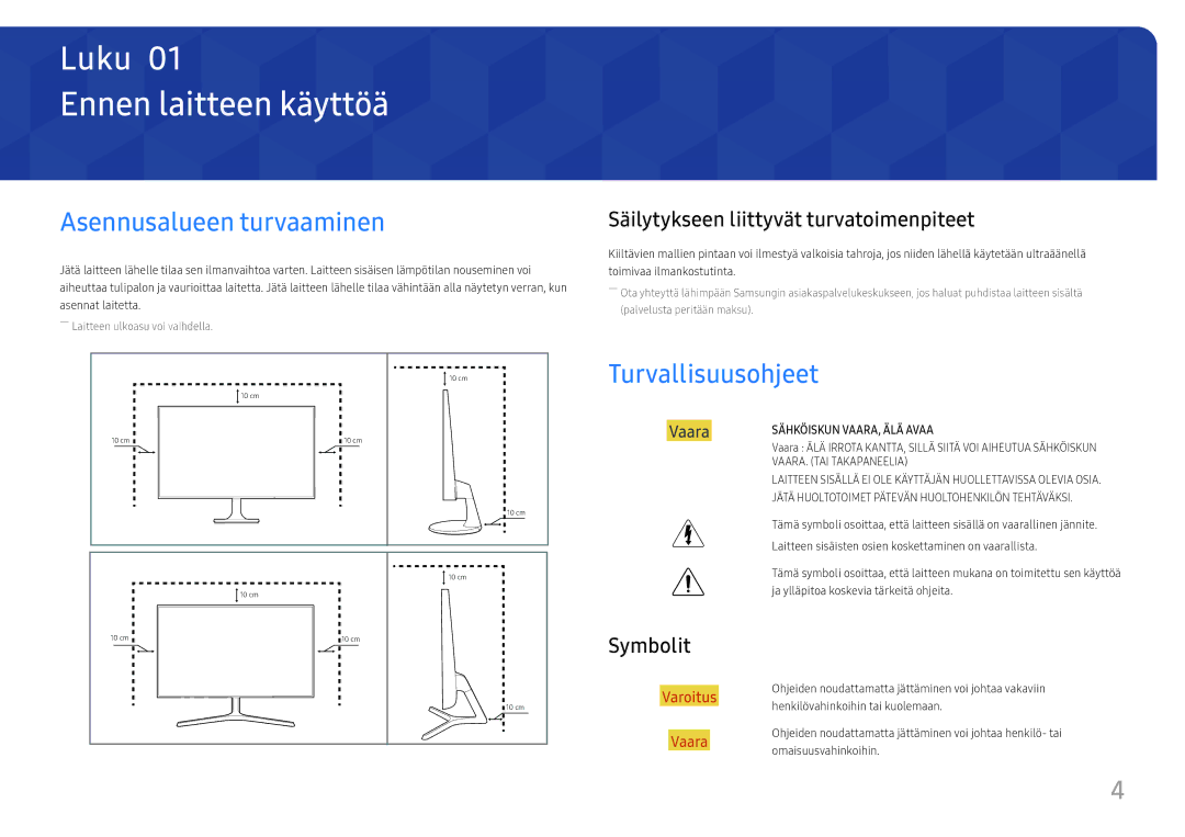 Samsung LS22F350FHUXEN, LS24F356FHUXEN Ennen laitteen käyttöä, Asennusalueen turvaaminen, Turvallisuusohjeet, Symbolit 