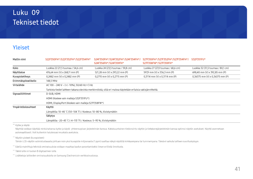 Samsung LS27F358FWUXEN, LS24F356FHUXEN, LS24F350FHUXEN, LS24F352FHUXEN, LS27F350FHUXEN manual Tekniset tiedot, Yleiset 