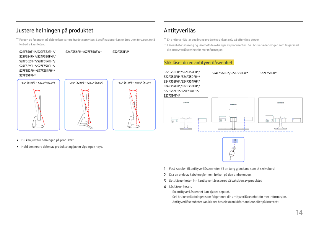Samsung LS24F356FHUXEN, LS24F350FHUXEN, LS24F352FHUXEN, LS27F350FHUXEN manual Justere helningen på produktet, Antityverilås 