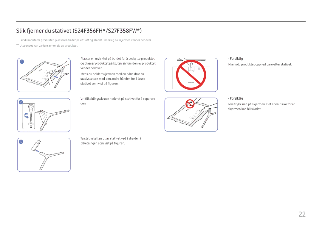 Samsung LS24F350FHUXEN, LS24F356FHUXEN, LS24F352FHUXEN, LS27F350FHUXEN manual Slik fjerner du stativet S24F356FH*/S27F358FW 