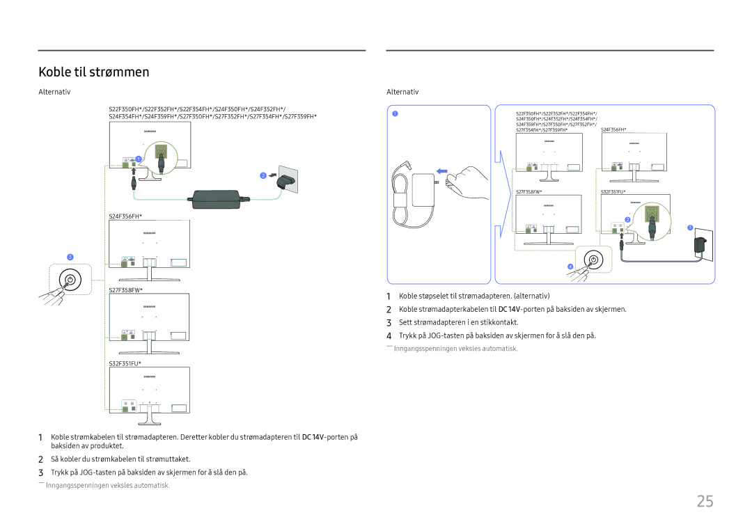 Samsung LS22F350FHUXEN, LS24F356FHUXEN, LS24F350FHUXEN, LS24F352FHUXEN, LS27F350FHUXEN manual Koble til strømmen, Alternativ 