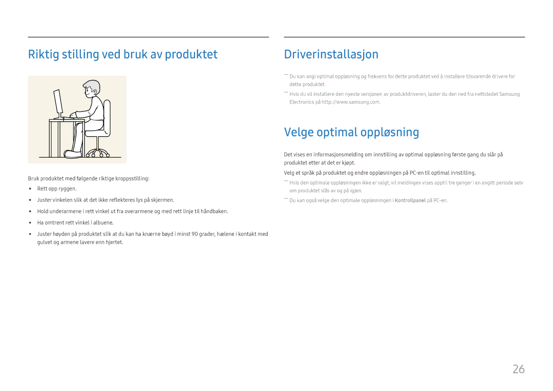 Samsung LS32F351FUUXEN, LS24F356FHUXEN, LS24F350FHUXEN manual Riktig stilling ved bruk av produktet, Velge optimal oppløsning 