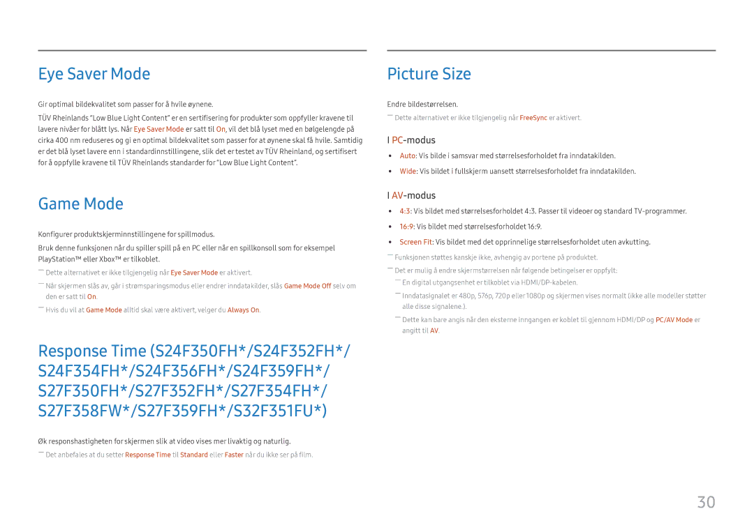 Samsung LS24F352FHUXEN, LS24F356FHUXEN, LS24F350FHUXEN, LS27F350FHUXEN manual Eye Saver Mode, Game Mode, Picture Size 