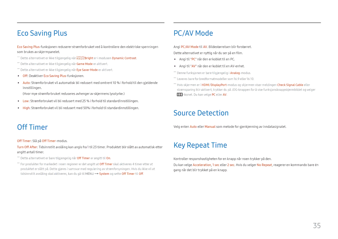 Samsung LS24F356FHUXEN, LS24F350FHUXEN manual Eco Saving Plus, Off Timer, PC/AV Mode, Source Detection, Key Repeat Time 