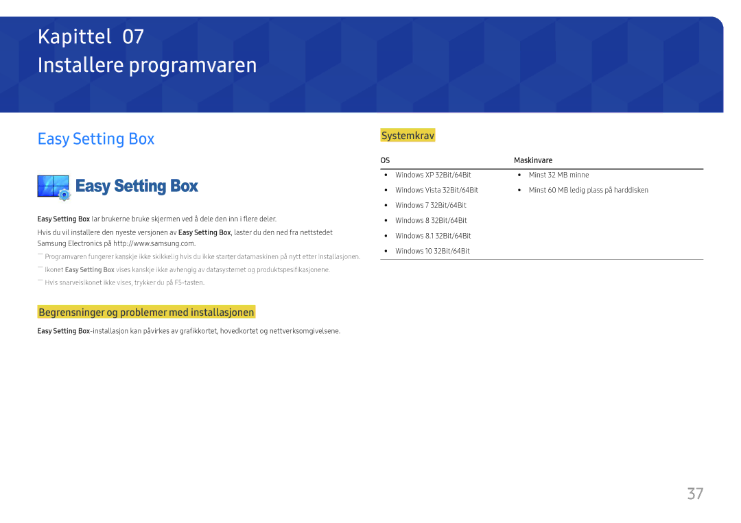 Samsung LS24F352FHUXEN, LS24F356FHUXEN, LS24F350FHUXEN, LS27F350FHUXEN manual Installere programvaren, Easy Setting Box 