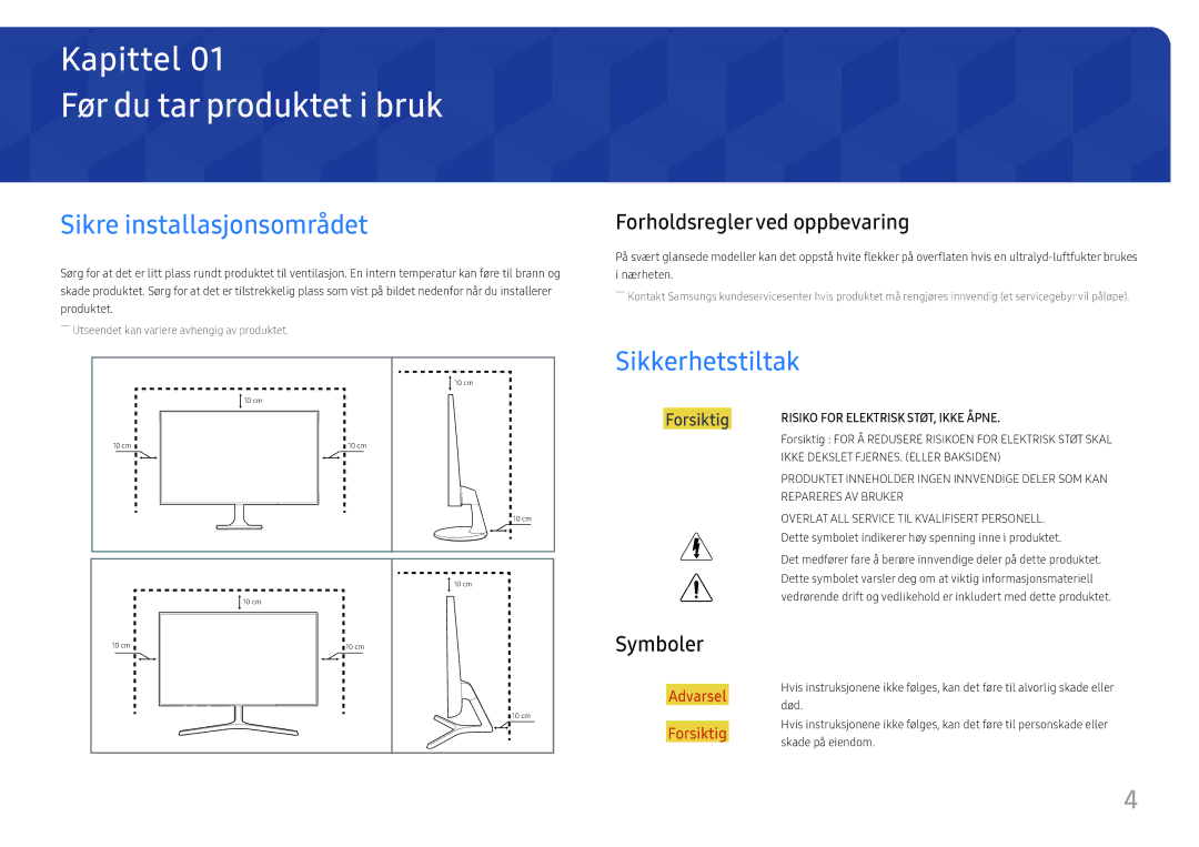 Samsung LS22F350FHUXEN, LS24F356FHUXEN Før du tar produktet i bruk, Sikre installasjonsområdet, Sikkerhetstiltak, Symboler 