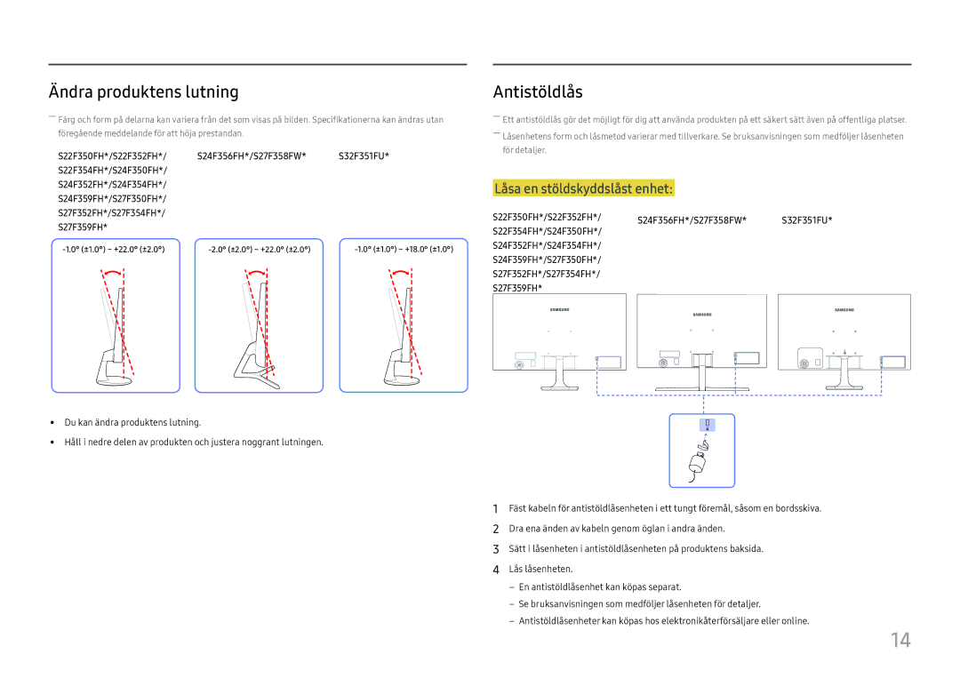 Samsung LS24F356FHUXEN, LS24F350FHUXEN, LS24F352FHUXEN, LS27F350FHUXEN, LS22F350FHUXEN Ändra produktens lutning, Antistöldlås 