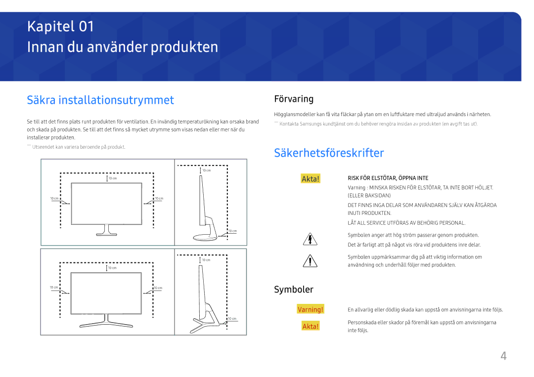 Samsung LS22F350FHUXEN manual Innan du använder produkten, Säkra installationsutrymmet, Säkerhetsföreskrifter, Förvaring 