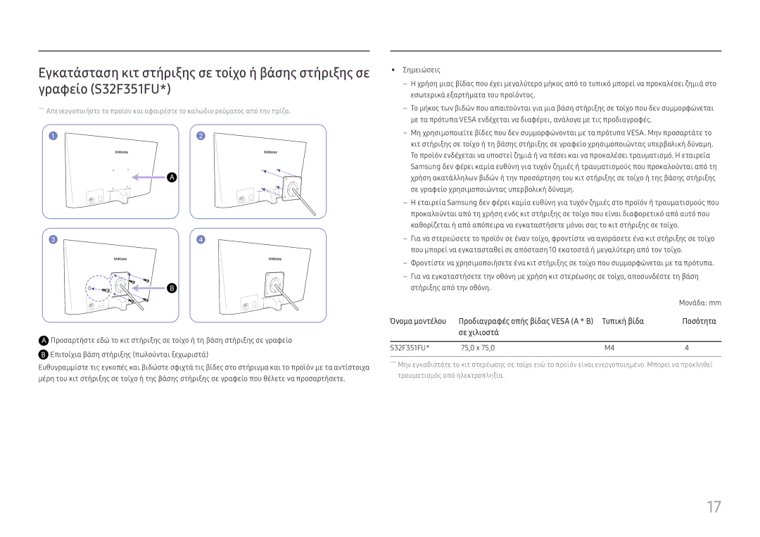 Samsung LS24F352FHUXEN, LS24F356FHUXEN manual Τυπική βίδα, Προδιαγραφές οπής βίδας Vesa a * B, S32F351FU 75,0 x 75,0 