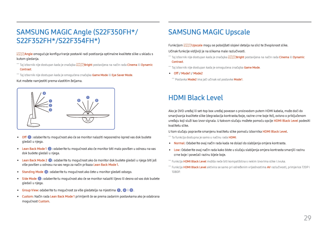Samsung LS22F350FHUXEN manual SAMSUNG MAGIC Upscale, HDMI Black Level, SAMSUNG MAGIC Angle S22F350FH*/ S22F352FH*/S22F354FH 