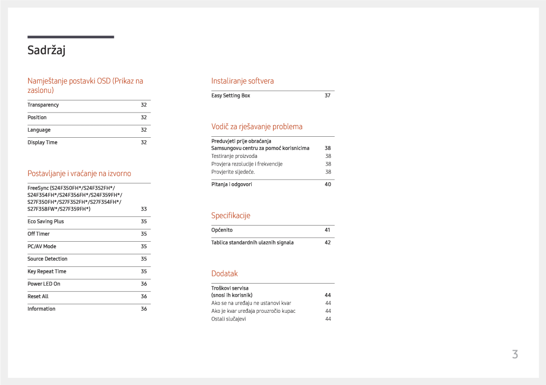Samsung LS27F350FHUXEN manual Namještanje postavki OSD Prikaz na zaslonu, Postavljanje i vraćanje na izvorno, Specifikacije 