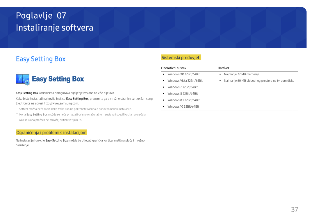 Samsung LS22F350FHUXEN manual Instaliranje softvera, Easy Setting Box, Ograničenja i problemi s instalacijom, Poglavlje 