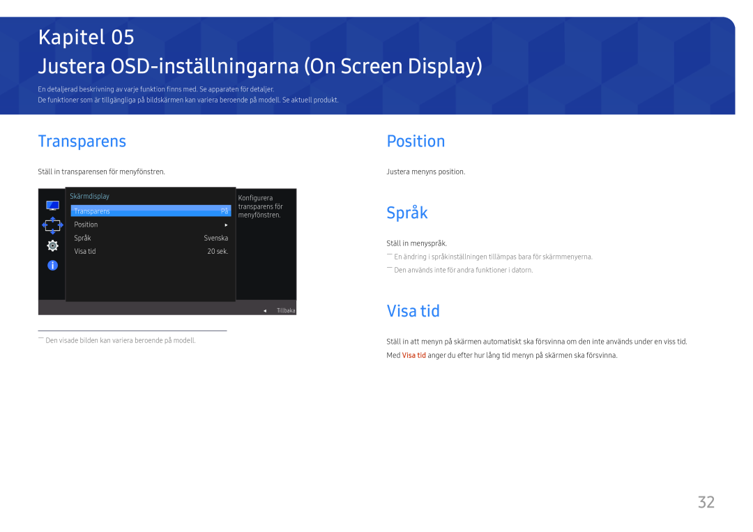 Samsung LS22F350FHUXEN Justera OSD-inställningarna On Screen Display, Transparens, Position, Språk, Visa tid, Kapitel 