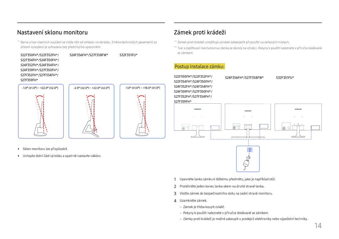 Samsung LS27F350FHUXEN, LS24F356FHUXEN, LS24F350FHUXEN, LS22F350FHUXEN manual Nastavení sklonu monitoru, Zámek proti krádeži 