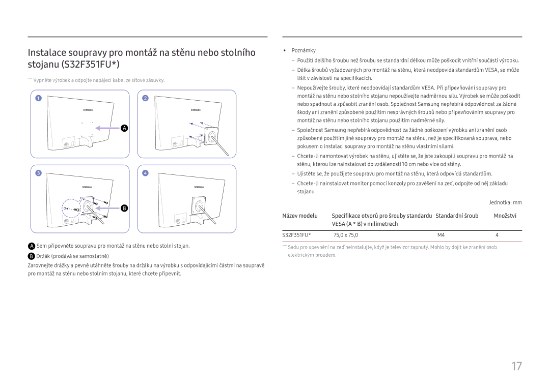Samsung LS27F358FWUXEN, LS24F356FHUXEN, LS24F350FHUXEN manual Název modelu, Standardní šroub, Vesa a * B v milimetrech 