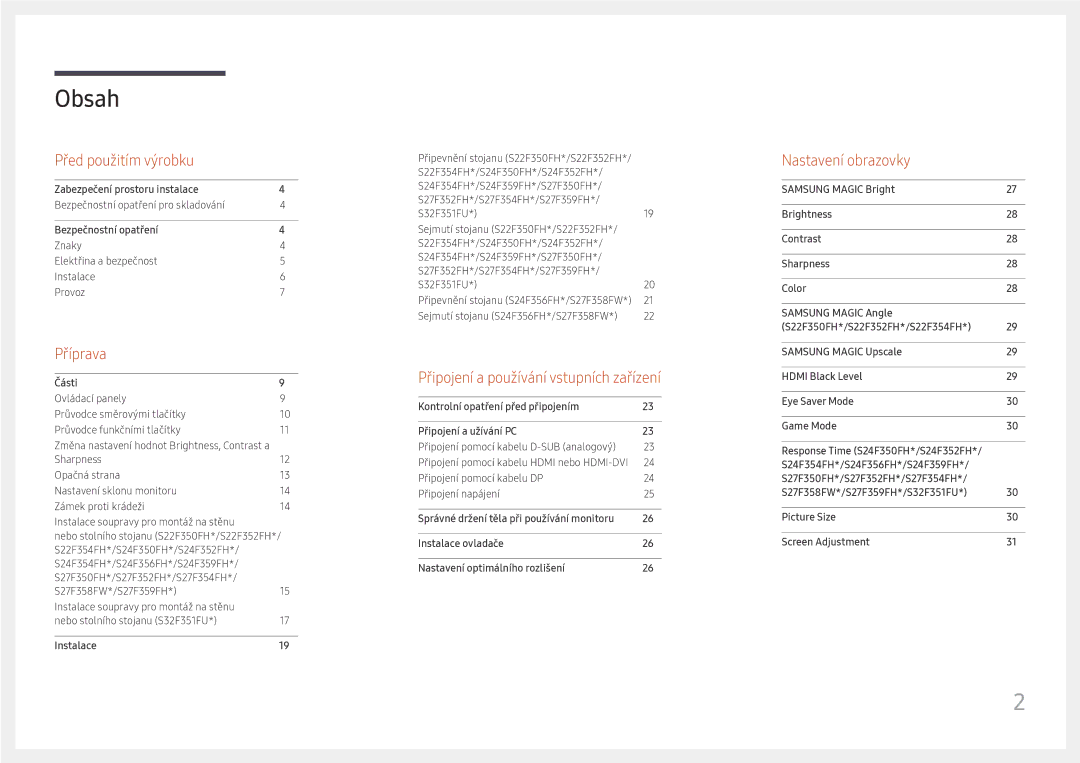 Samsung LS27F350FHUXEN, LS24F356FHUXEN, LS24F350FHUXEN, LS22F350FHUXEN, LS32F351FUUXEN, LS27F358FWUXEN manual Obsah 