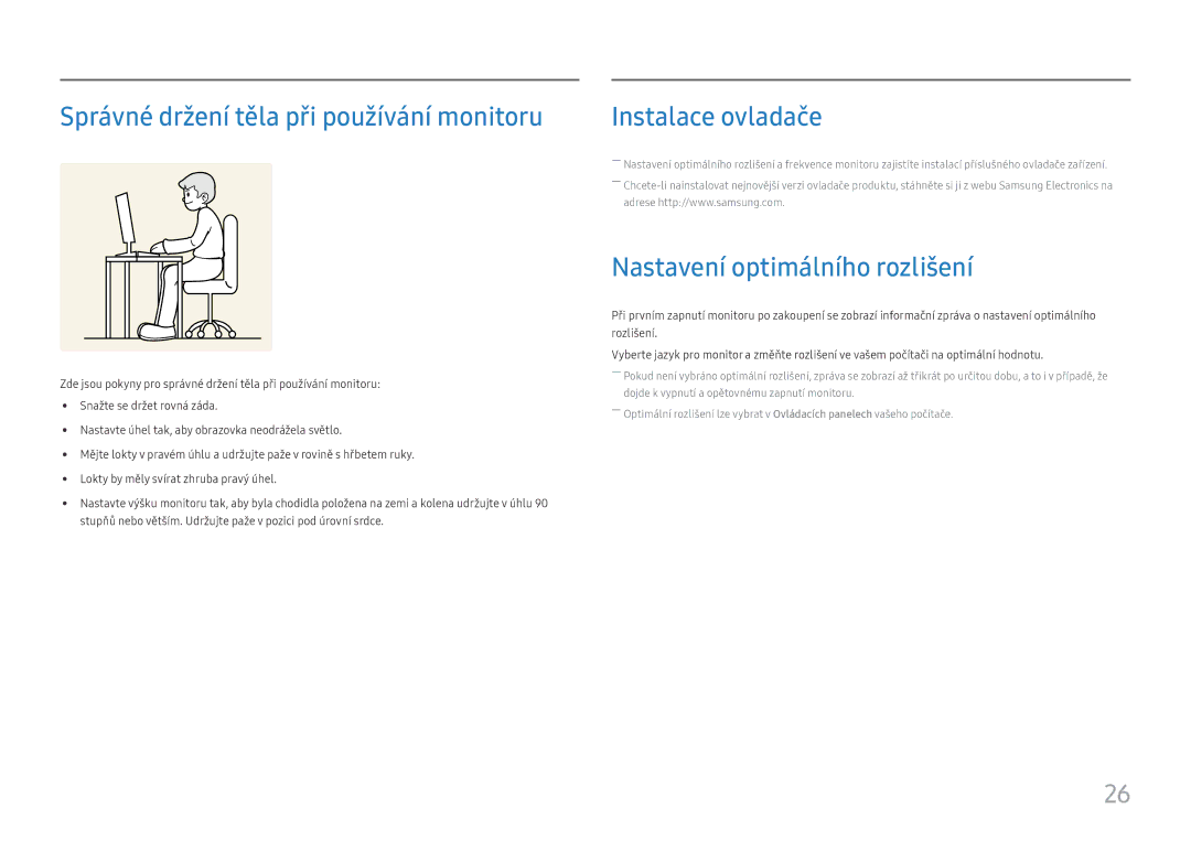 Samsung LS27F350FHUXEN Správné držení těla při používání monitoru, Instalace ovladače, Nastavení optimálního rozlišení 
