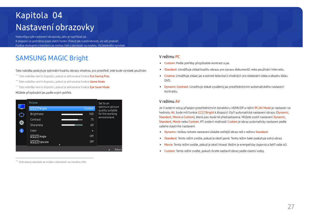Samsung LS22F350FHUXEN, LS24F356FHUXEN, LS24F350FHUXEN, LS27F350FHUXEN manual Nastavení obrazovky, Samsung Magic Bright 
