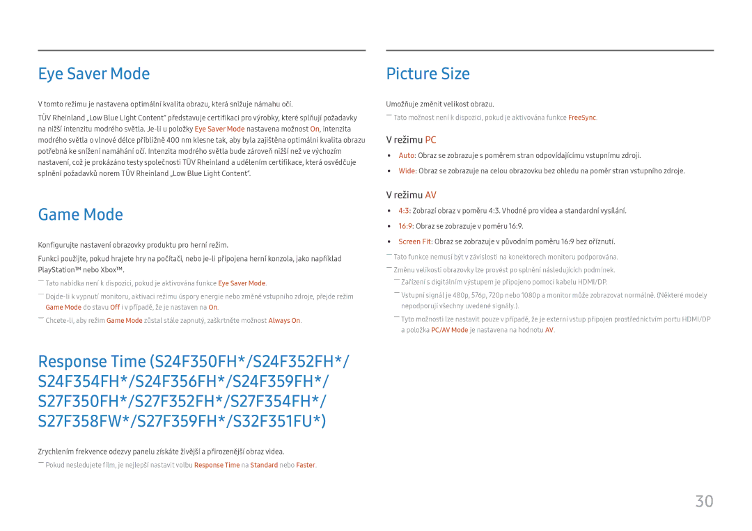 Samsung LS24F356FHUXEN, LS24F350FHUXEN, LS27F350FHUXEN, LS22F350FHUXEN manual Eye Saver Mode, Game Mode, Picture Size 