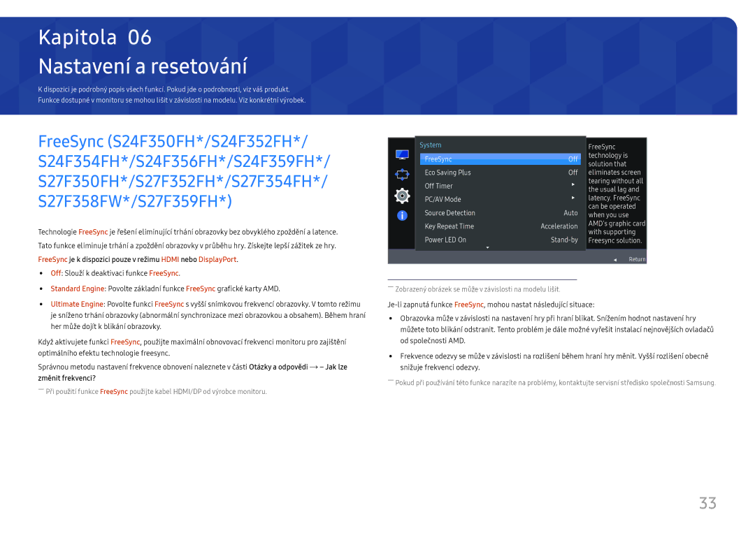 Samsung LS22F350FHUXEN manual Nastavení a resetování, FreeSync je k dispozici pouze v režimu Hdmi nebo DisplayPort 