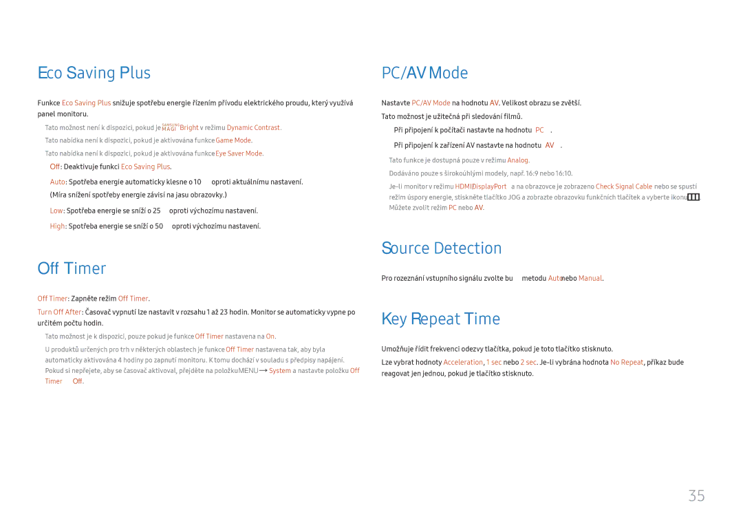 Samsung LS27F358FWUXEN, LS24F356FHUXEN manual Eco Saving Plus, Off Timer, PC/AV Mode, Source Detection, Key Repeat Time 