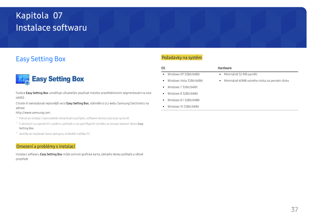 Samsung LS24F350FHUXEN, LS24F356FHUXEN, LS27F350FHUXEN, LS22F350FHUXEN manual Instalace softwaru, Easy Setting Box, Hardware 