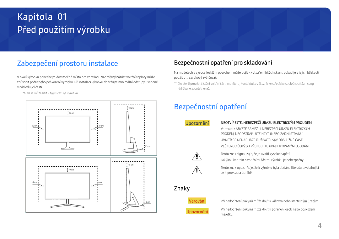 Samsung LS32F351FUUXEN, LS24F356FHUXEN Před použitím výrobku, Zabezpečení prostoru instalace, Bezpečnostní opatření, Znaky 