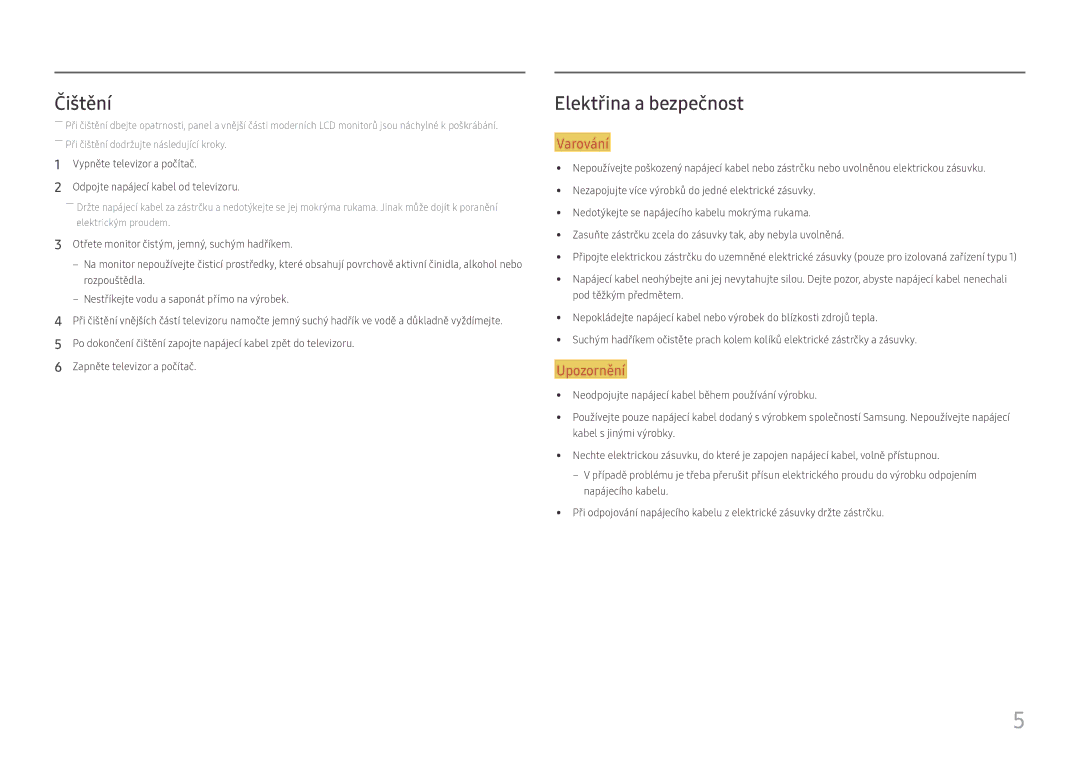 Samsung LS27F358FWUXEN, LS24F356FHUXEN, LS24F350FHUXEN, LS27F350FHUXEN, LS22F350FHUXEN manual Čištění, Elektřina a bezpečnost 