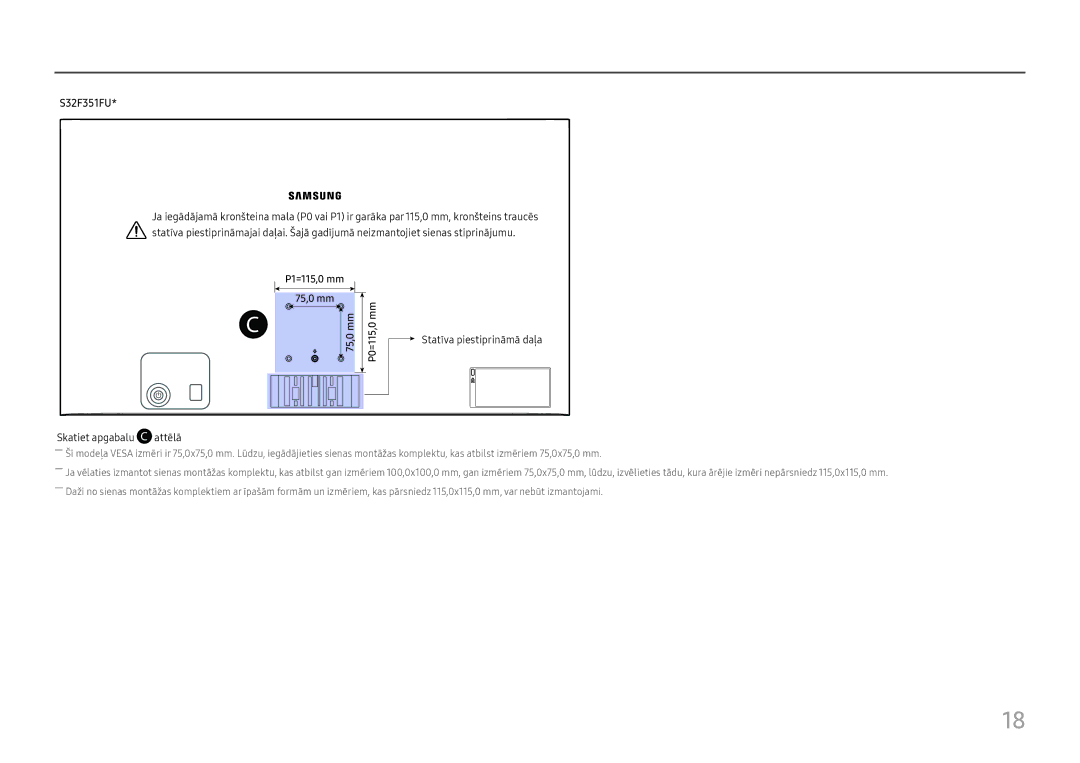 Samsung LS22F350FHUXEN, LS24F356FHUXEN, LS24F350FHUXEN, LS27F350FHUXEN, LS32F351FUUXEN manual P1=115,0 mm 75,0 mm P0=115,0 mm 