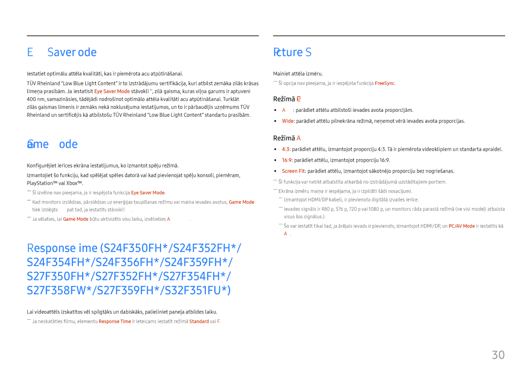 Samsung LS24F356FHUXEN, LS24F350FHUXEN, LS27F350FHUXEN manual Eye Saver Mode, Picture Size, Game Mode, Mainiet attēla izmēru 