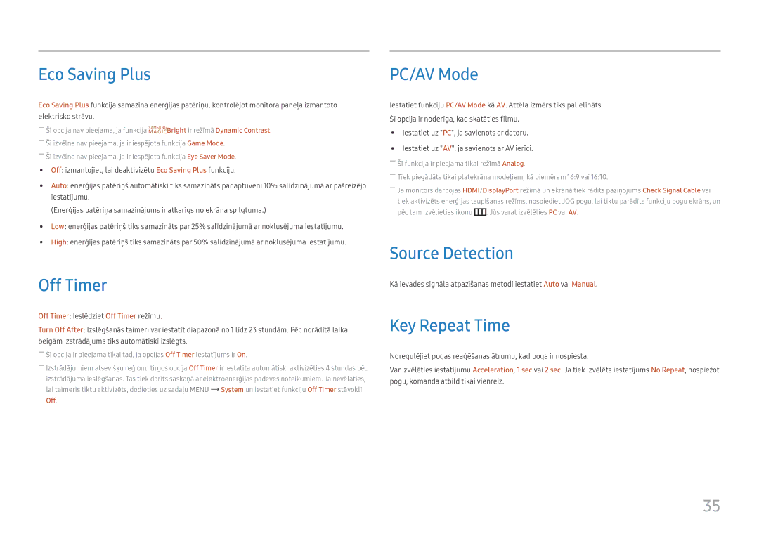 Samsung LS24F356FHUXEN, LS24F350FHUXEN manual Eco Saving Plus, Off Timer, PC/AV Mode, Source Detection, Key Repeat Time 