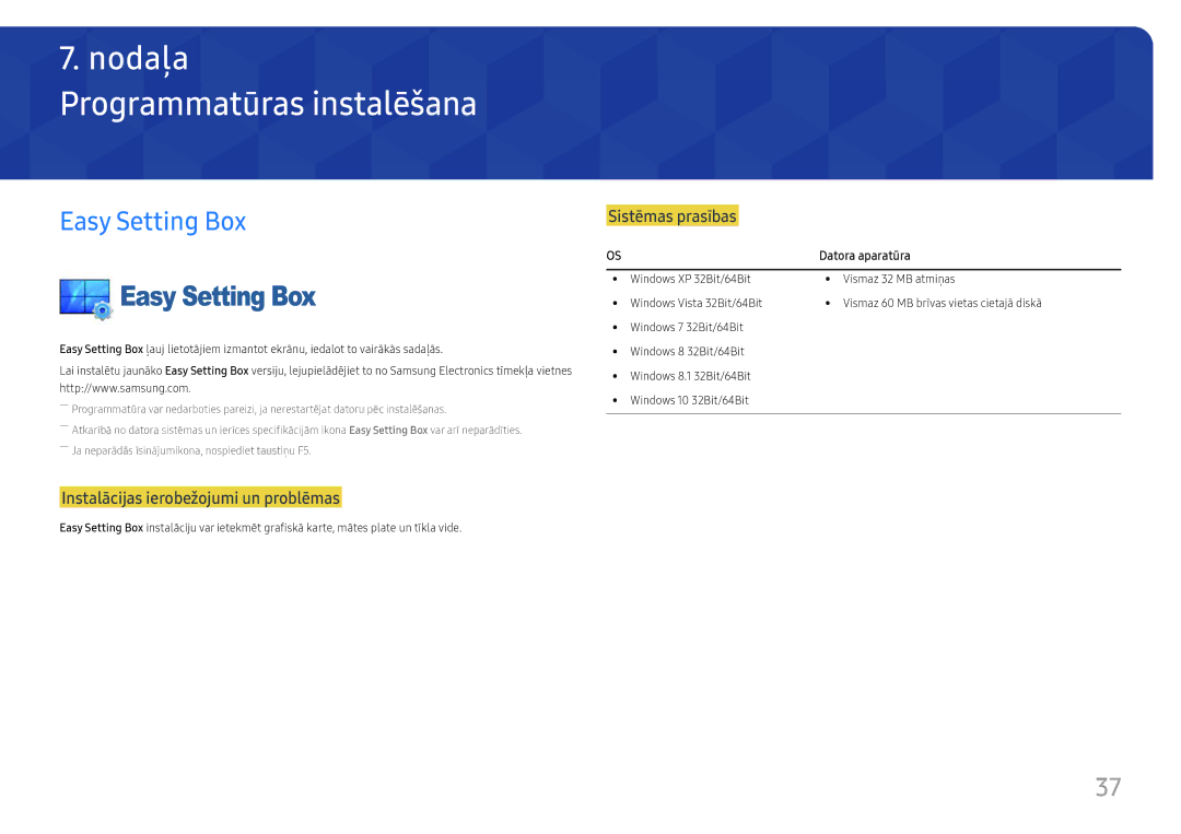 Samsung LS27F350FHUXEN, LS24F356FHUXEN, LS24F350FHUXEN, LS22F350FHUXEN manual Programmatūras instalēšana, Easy Setting Box 