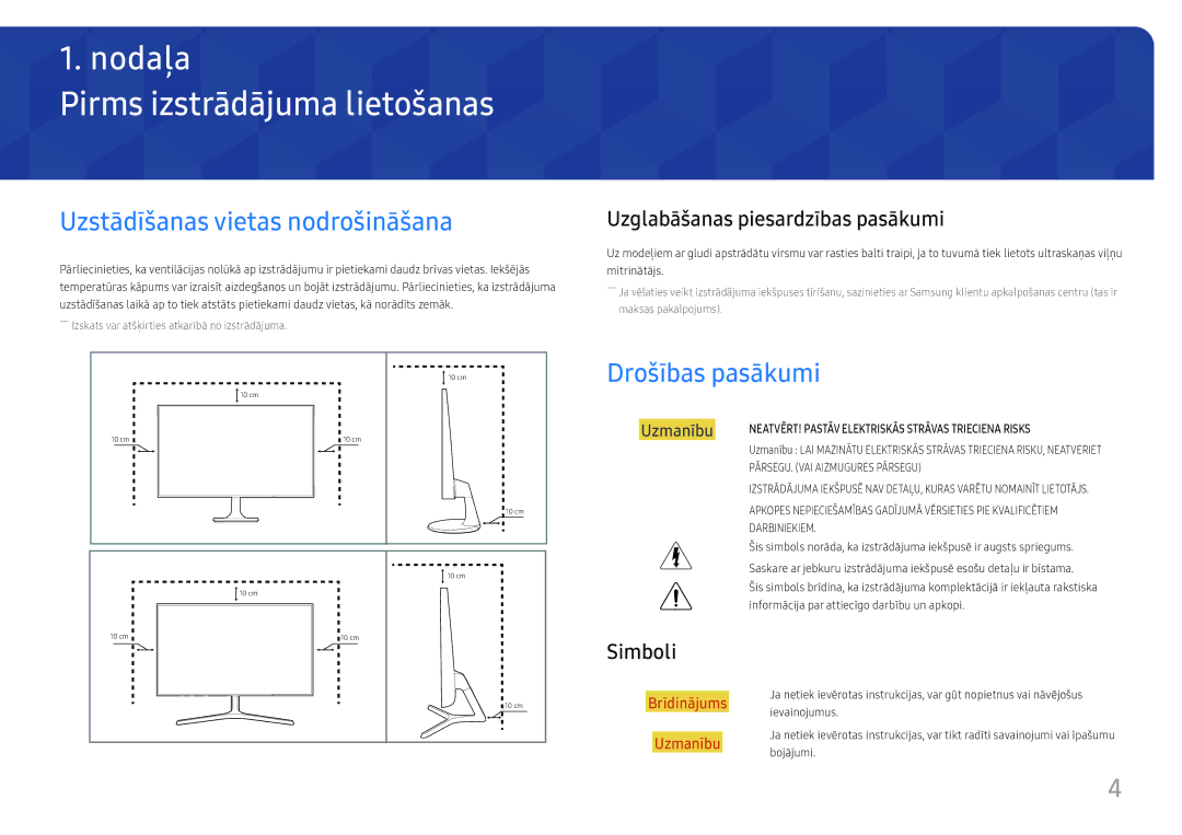 Samsung LS32F351FUUXEN manual Pirms izstrādājuma lietošanas, Uzstādīšanas vietas nodrošināšana, Drošības pasākumi, Simboli 