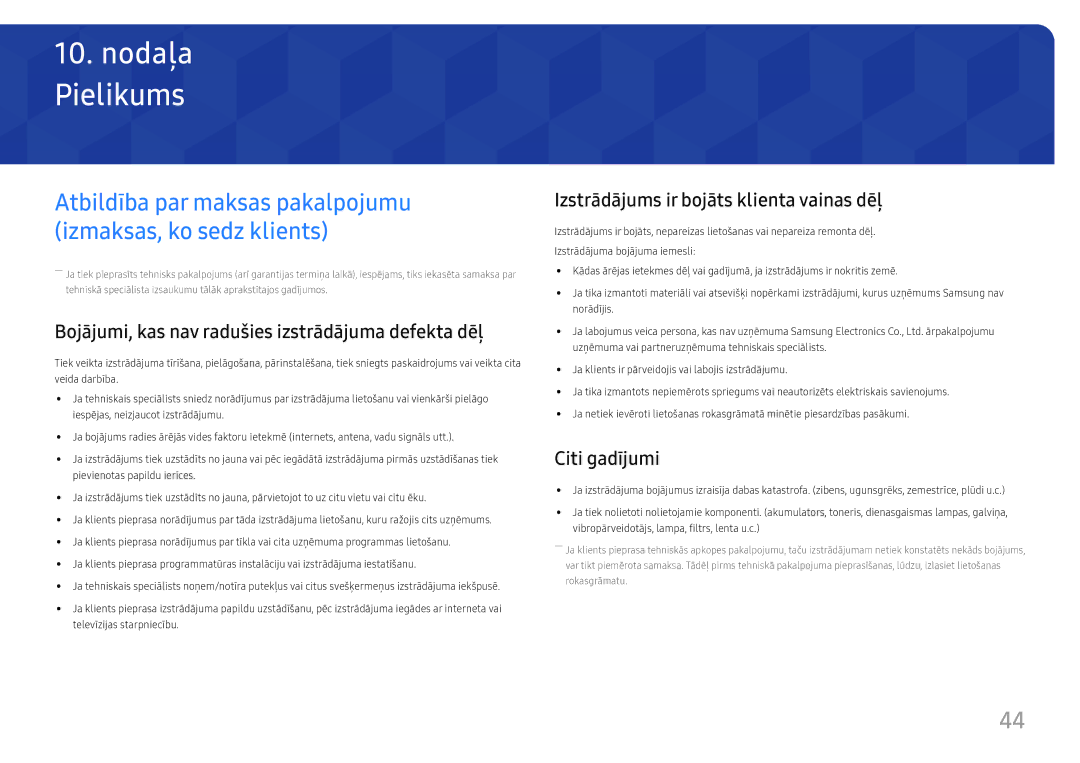 Samsung LS32F351FUUXEN, LS24F356FHUXEN manual Pielikums, Bojājumi, kas nav radušies izstrādājuma defekta dēļ, Citi gadījumi 