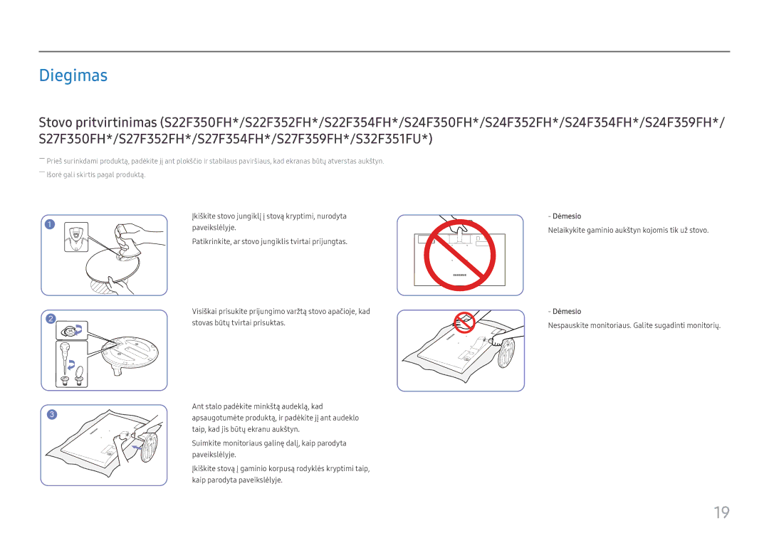 Samsung LS32F351FUUXEN, LS24F356FHUXEN, LS24F350FHUXEN, LS27F350FHUXEN, LS22F350FHUXEN manual Diegimas, Dėmesio 