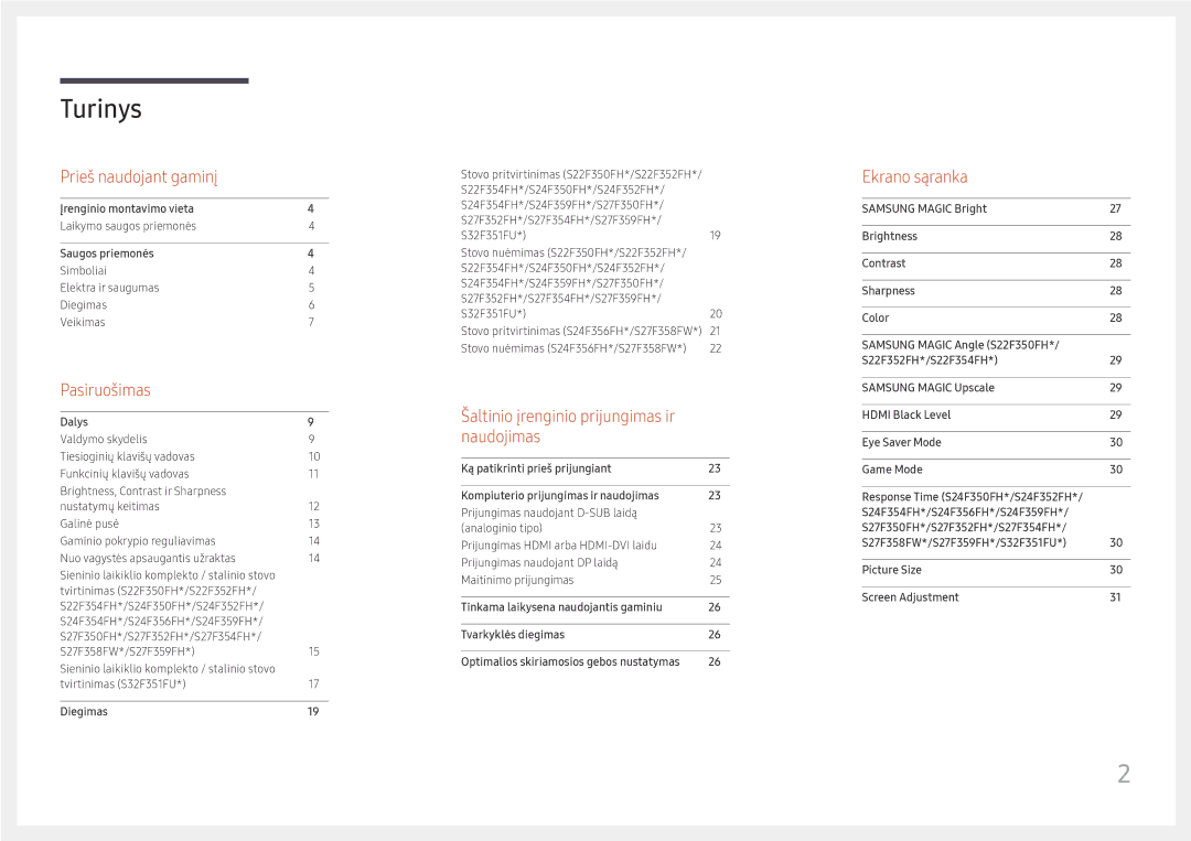 Samsung LS27F350FHUXEN, LS24F356FHUXEN, LS24F350FHUXEN, LS22F350FHUXEN, LS32F351FUUXEN manual Turinys 