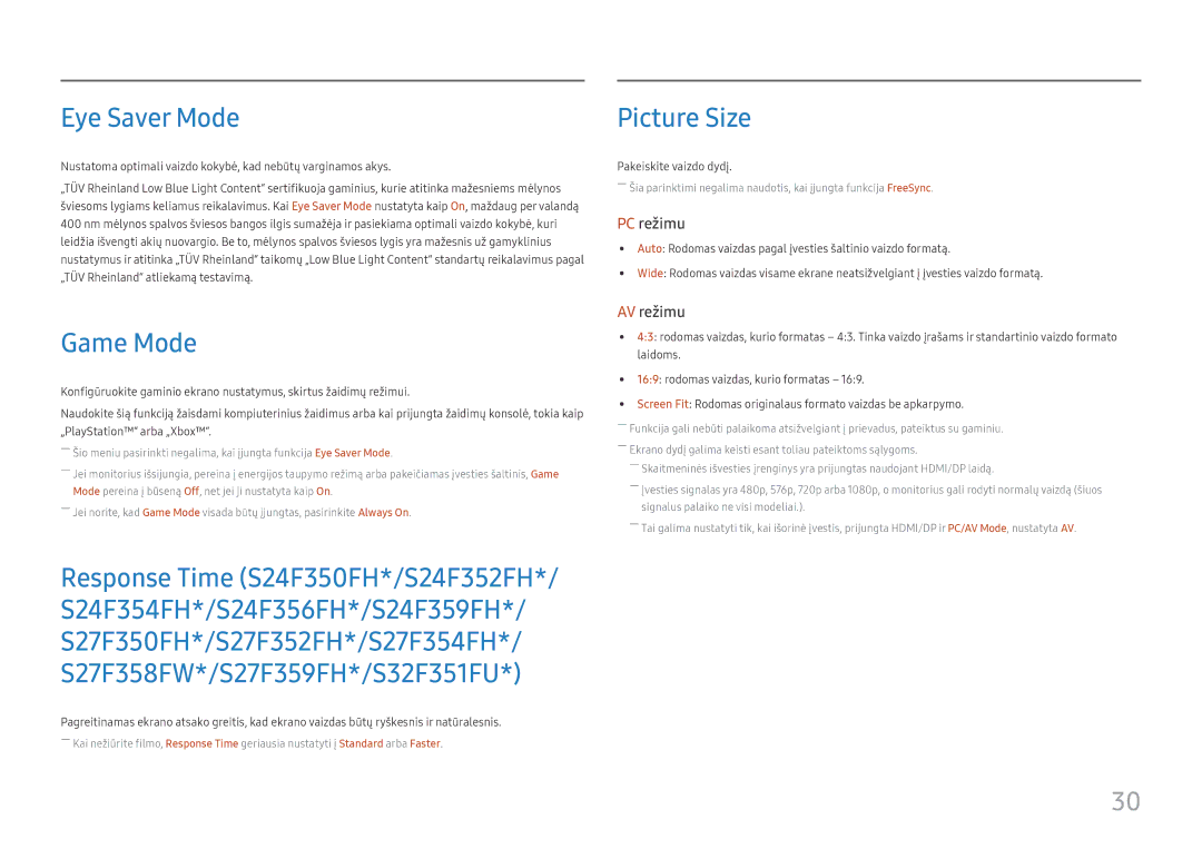 Samsung LS24F356FHUXEN, LS24F350FHUXEN, LS27F350FHUXEN, LS22F350FHUXEN manual Eye Saver Mode, Game Mode, Picture Size 