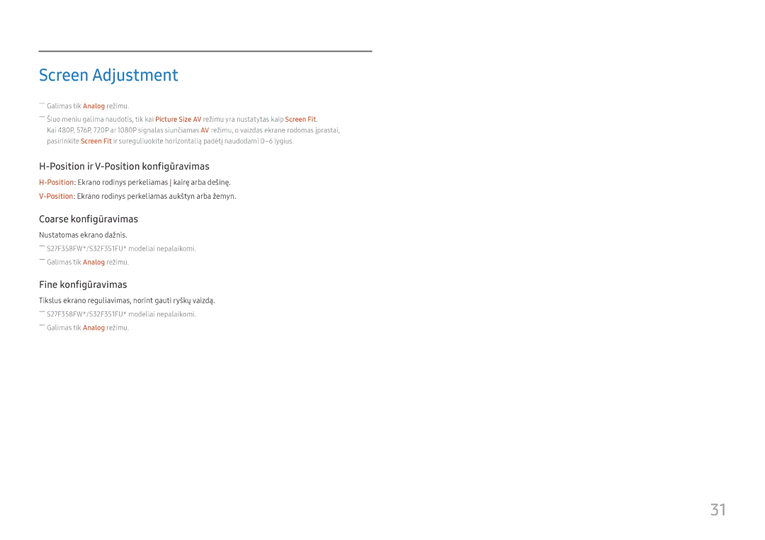 Samsung LS24F350FHUXEN, LS24F356FHUXEN, LS27F350FHUXEN manual Screen Adjustment, Position ir V-Position konfigūravimas 
