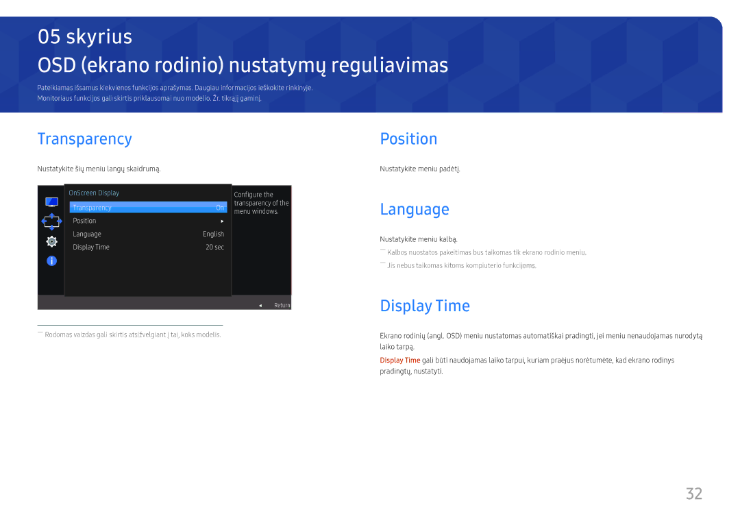 Samsung LS27F350FHUXEN manual OSD ekrano rodinio nustatymų reguliavimas, Transparency, Position, Language, Display Time 