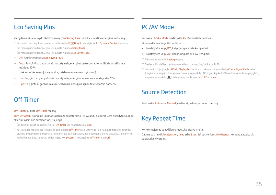 Samsung LS24F356FHUXEN, LS24F350FHUXEN manual Eco Saving Plus, Off Timer, PC/AV Mode, Source Detection, Key Repeat Time 