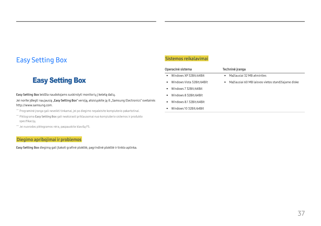 Samsung LS27F350FHUXEN, LS24F356FHUXEN Programinės įrangos diegimas, Easy Setting Box, Operacinė sistema Techninė įranga 