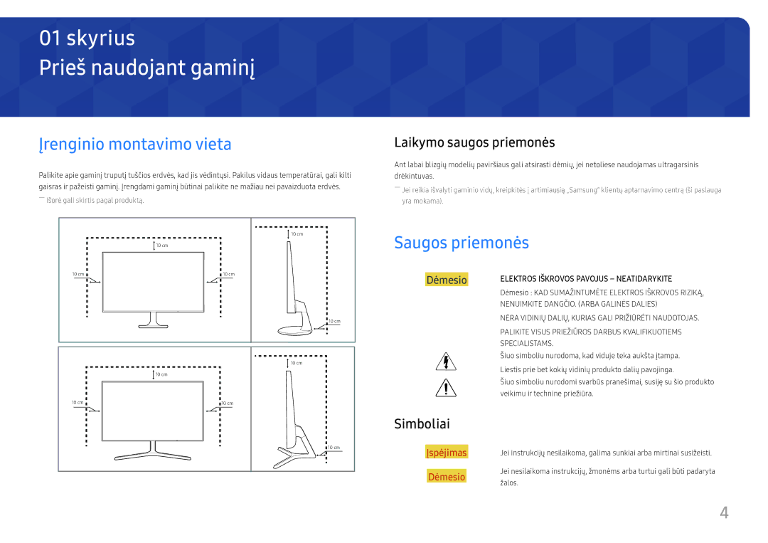 Samsung LS32F351FUUXEN manual Prieš naudojant gaminį, Įrenginio montavimo vieta, Saugos priemonės, Laikymo saugos priemonės 