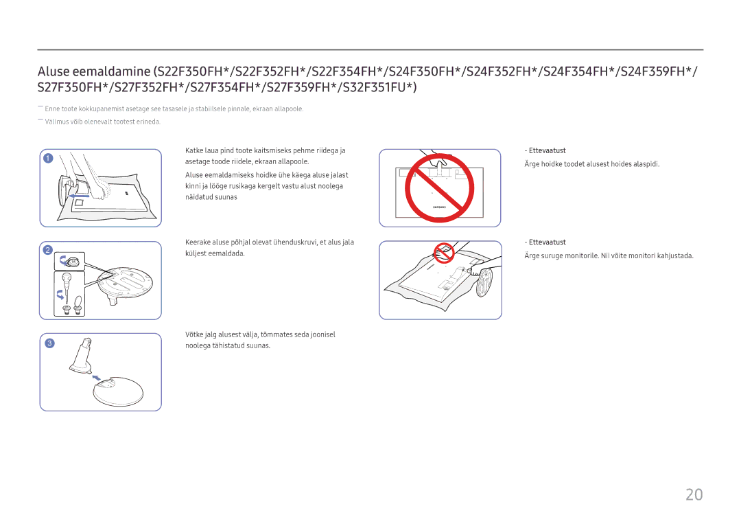 Samsung LS24F356FHUXEN, LS24F350FHUXEN, LS27F350FHUXEN, LS22F350FHUXEN manual Ärge hoidke toodet alusest hoides alaspidi 