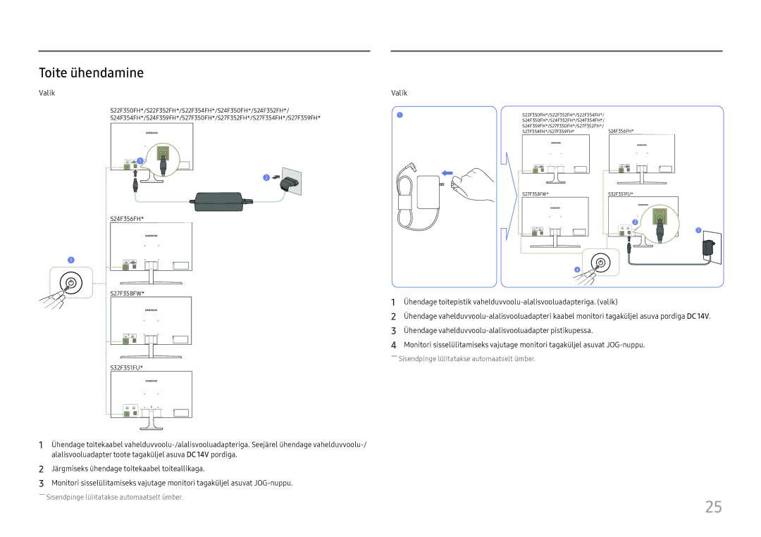 Samsung LS24F356FHUXEN, LS24F350FHUXEN, LS27F350FHUXEN, LS22F350FHUXEN, LS32F351FUUXEN manual Toite ühendamine, Valik 