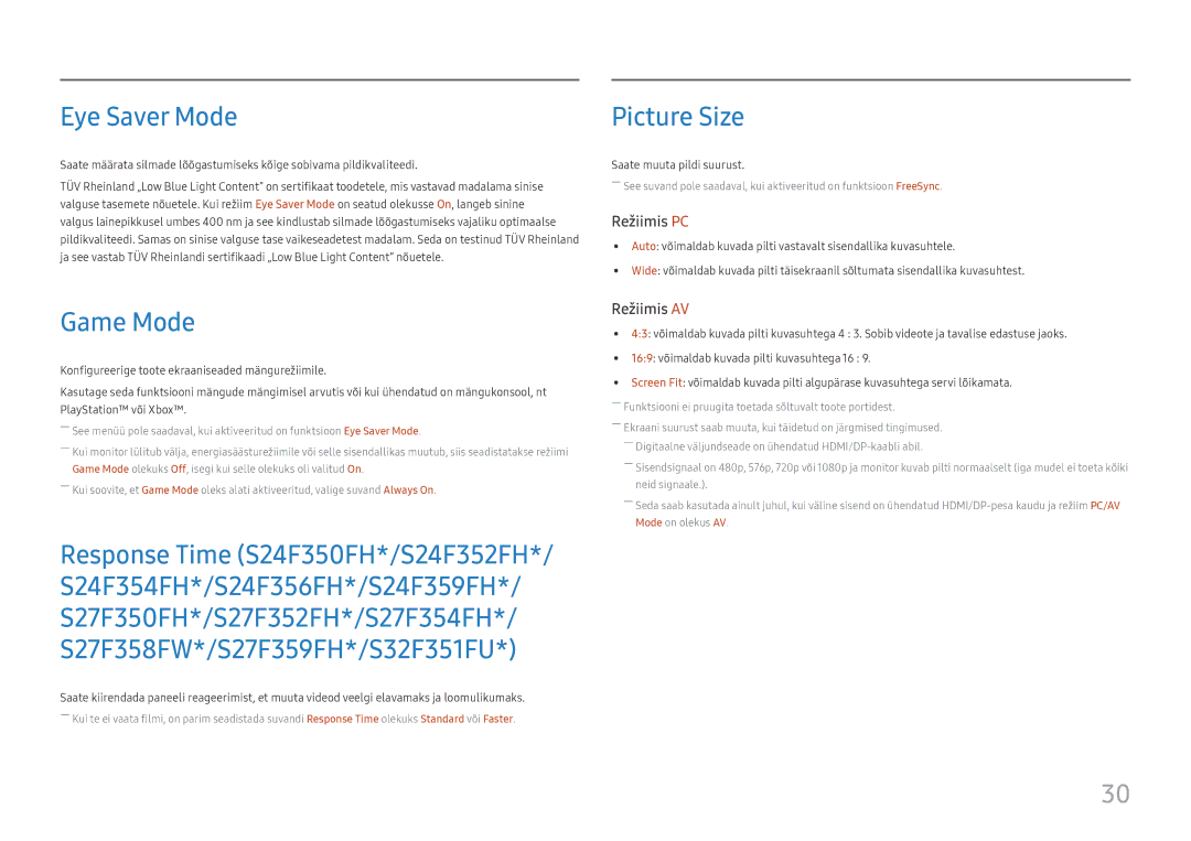 Samsung LS24F356FHUXEN, LS24F350FHUXEN, LS27F350FHUXEN, LS22F350FHUXEN manual Eye Saver Mode, Picture Size, Game Mode 